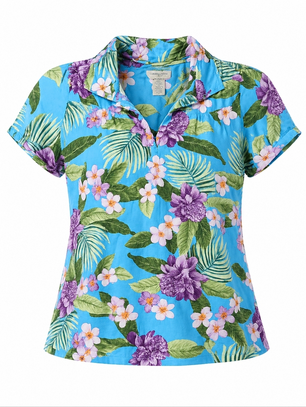 Caribbean Joe Blue Purple Tropical Short Sleeved Women's Polo Cotton Top Size 1X